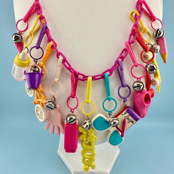 Estate Jewelry - 1980s Vintage Bell Clip Charm Necklace 19 Plastic Charms Pink Chain Retro Kid